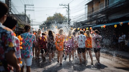 Joyful Celebration of a Group Dressed in Bright Floral Outfits During a Festive Outdoor Event