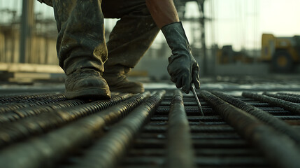 Construction Worker Inspecting Reinforcement Bars