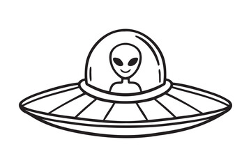UFO space ship or alien space ship. Futuristic flying space ship doodle hand drawn icon. Outline drawing UFO space ship line clipart symbol
