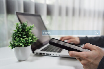 Search data and SEO technology, Hand using mobile phone searching for information on the website. Online networking system, Using Search Console with website