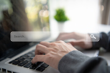 Search data and SEO technology, Hand typing on laptop keyboard searching for information on the website. Online networking system, Using Search Console with website