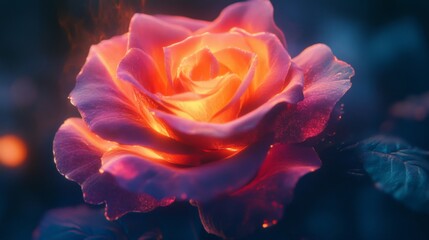 Glowing Pink Rose with Orange Center in Dark Background