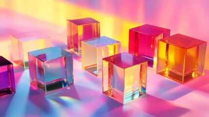 Fototapeta premium Colorful Glass Cubes on Pink Background