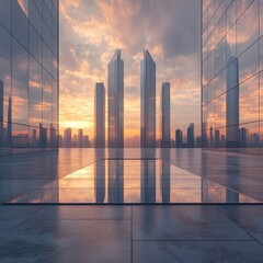 Modern city skyline reflected on a polished plaza at sunrise