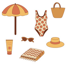 Vintage beach clipart set in warm vintage colors.Includes 7 elements: umbrella, swimsuit, beach bag, sunscreen, sunglasses, straw hat, and towel. Perfect for nostalgic summer designs