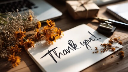 Beautiful Floral Gratitude Message Card Surrounded by Gifts and Stationery in a Warm, Natural Setting