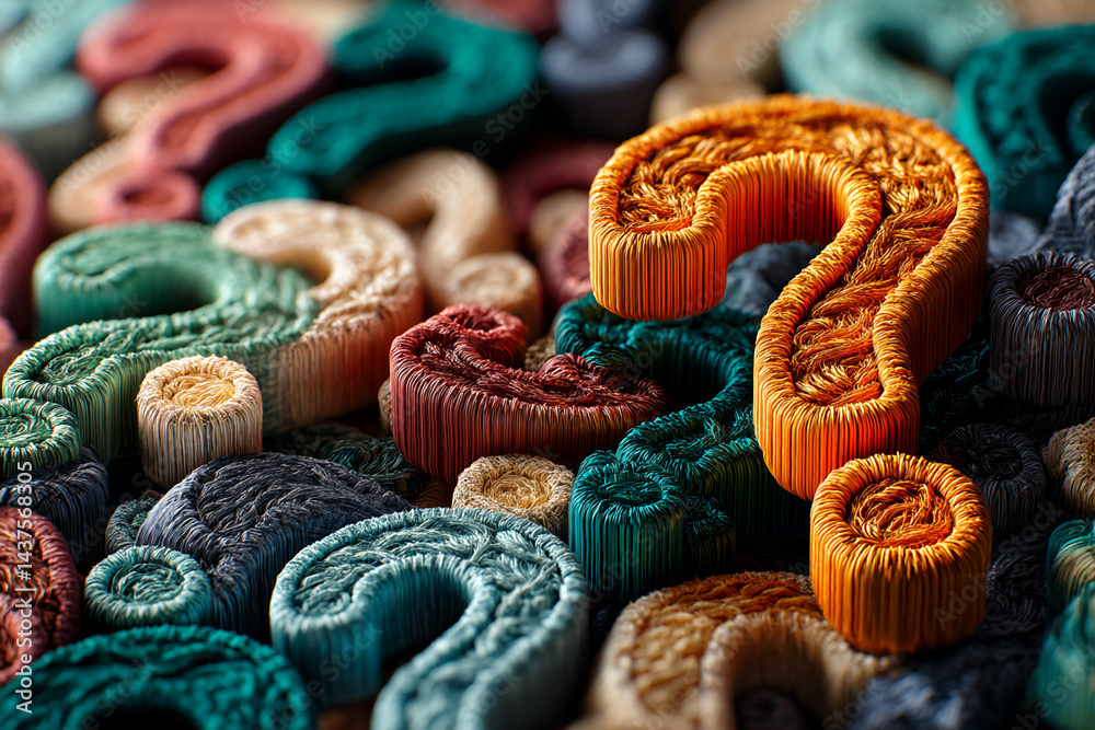 Poster textured orange question mark stands out among multicolored question marks, symbolizing uncertainty,