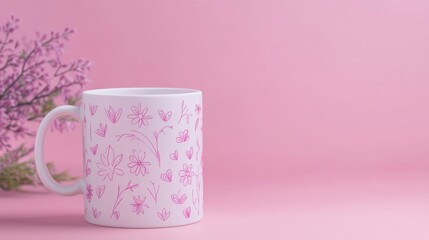 White Mug with Pink Floral Design on Pink Background