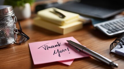Creative Workspace Featuring Thank You Note on a Desk with Pen and Office Supplies in Natural Light