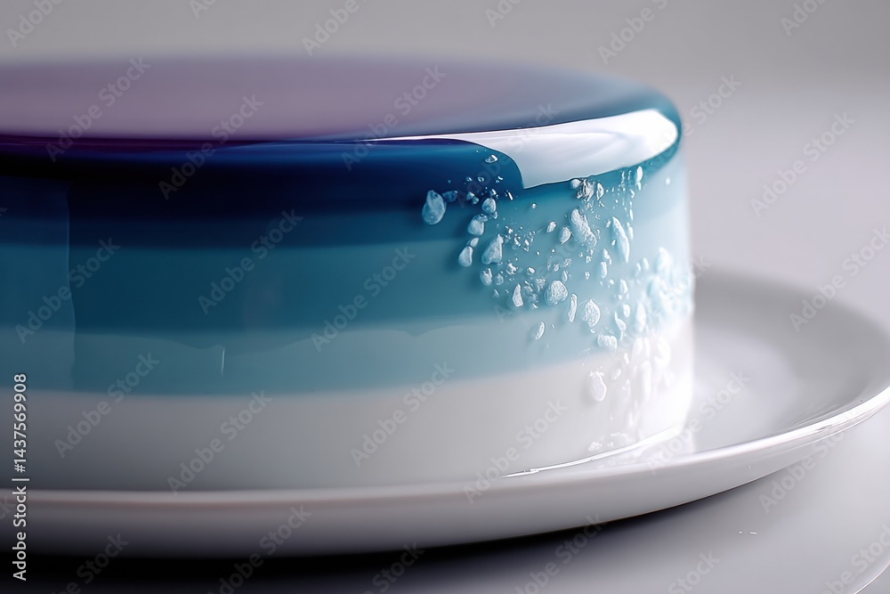 Aufkleber glossy mousse cake with mirror glaze on a white plate in minimalistic setting