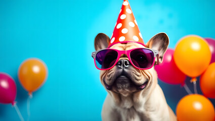 Happy Birthday, Funny Frenchie! Hilarious Dog in Party Hat and Sunglasses