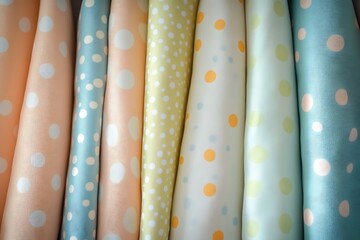 A variety of pastel-colored polka dot patterned fabrics, beautifully arranged on the walls.