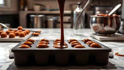 Artisan Caramel Making  A Detailed Look at the Process of Pouring Molten Caramel into Molds