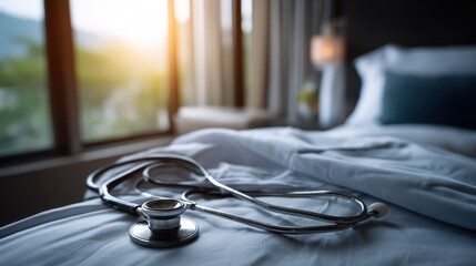 Stethoscope Resting on Hospital Bed with Soft Lighting, Symbolizing Medical Care and Healing Environment