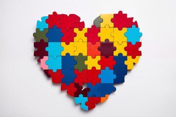 A large heart shape constructed from multi-colored interlocking puzzle pieces on a clean white background, Heart Made of Puzzle Pieces