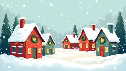 Winter Wonderland Village: A quaint village nestled amidst a snowy landscape, with charming houses adorned in festive decorations, evoking a sense of warmth and holiday cheer under the soft snowfall.