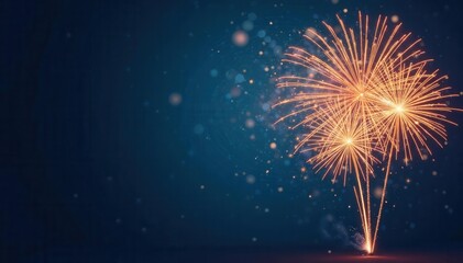 Deep blue background, golden fireworks explode, Happy New Year implied ,  elegant,  radiant,  cosmic