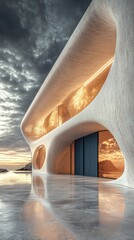 Fototapeta premium Modern, curvaceous, light-filled architectural structure with ocean views Dramatic sky Sleek design