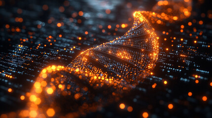 Abstract glowing DNA helix, digital art,  bokeh effect,  technology, science, 
