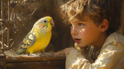 Young boy with a yellow parrot close-up, vintage style.