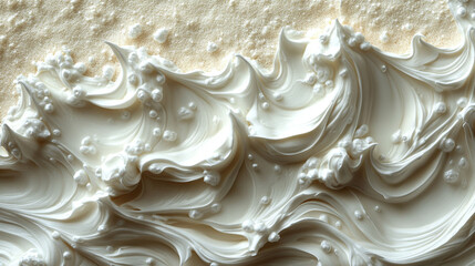 Close-up of creamy white substance with pearl-like beads, swirling in wave-like patterns on a light beige background.