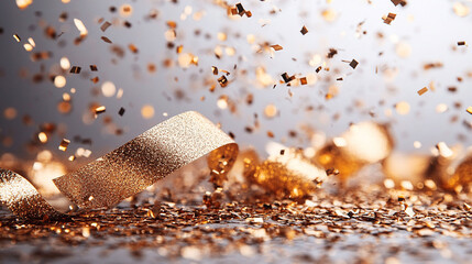 Gold confetti and ribbon, celebratory atmosphere.