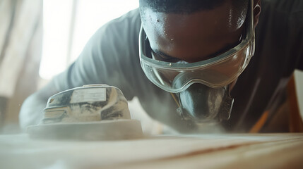 Carpenter Using a Sander with Protective Gear