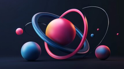 Abstract 3D Pink and Blue Spheres with Orbiting Rings