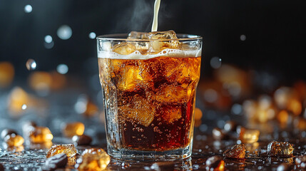 Iced soda drink being poured into a glass filled with ice cubes.