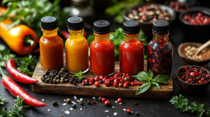 Assorted hot sauces in small bottles, displayed on a wooden board with various spices and peppers.