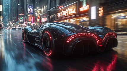 Futuristic sports car moving fast through a wet city street at night.