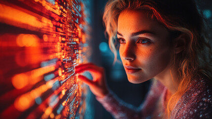 Woman interacting with glowing digital display.