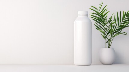 A white bottle and a small potted plant sit on a minimalist white surface against a plain wall.