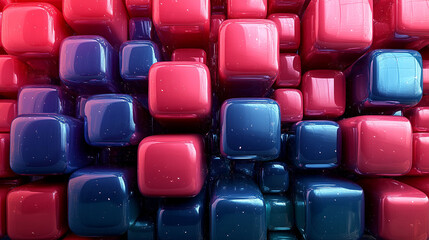 Abstract background of many glossy, vibrant pink and dark blue cubes.
