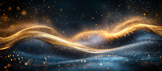 Abstract golden and blue wave design with shimmering particles.