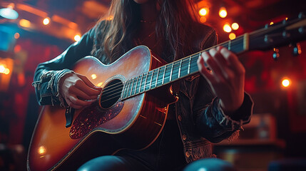 Woman playing acoustic guitar in a dimly lit bar.