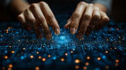 Close-up of hands interacting with futuristic digital circuit board.
