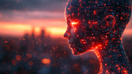 AI female robot profile against sunset city background.