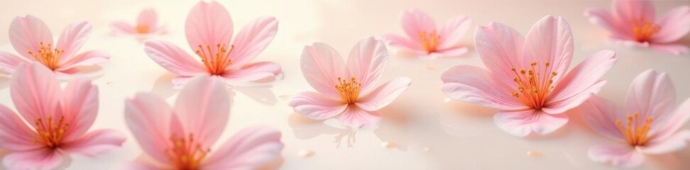 Fototapeta premium Floating pastel blossoms in a creamy milk bath, abstract floral backdrop, wallpaper, cream, design