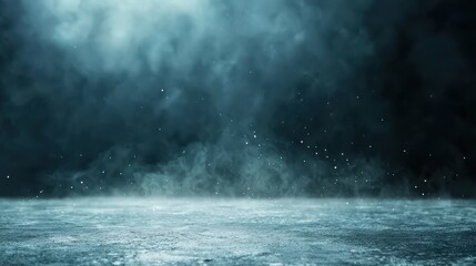 A misty, atmospheric scene with a foggy ground and floating particles in a blue-tinted, mysterious environment.