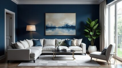 Modern living room interior design with sectional sofa, artwork, and floor lamp