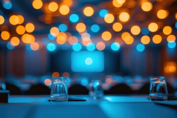 Glasses on a table in a conference room, with bokeh lights above. Use this image for business, presentations or event design concepts.