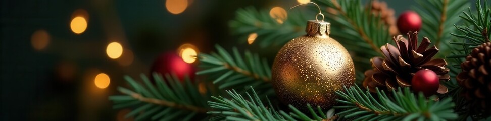 Gold star ornament sparkles on a festive pine cone adorned Christmas wreath , star, celebration