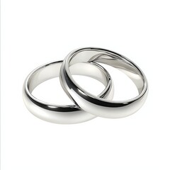 Two intertwined silver wedding bands on a white background.