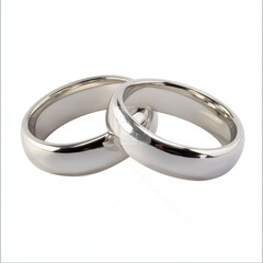 Two shiny silver wedding bands intertwined on a white background.