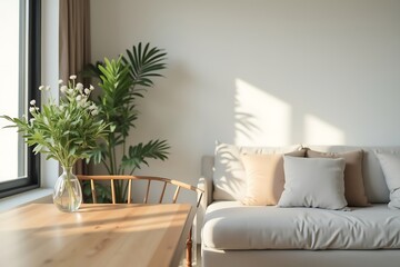 Sunlit Minimalist Living Room: Vase of Flowers on Wooden Table, Comfortable Couch, and Green Plant Casting Shadows on a White Wall                    