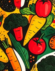 A pop art-inspired abstract background with bold outlines and bright, contrasting colors depicting stylized vegetables like broccoli, carrots, and tomatoes in a repetitive pattern
