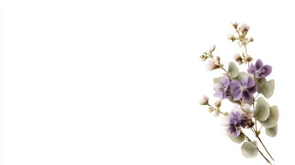 A delicate bouquet of purple flowers and green leaves on a white minimalist background.