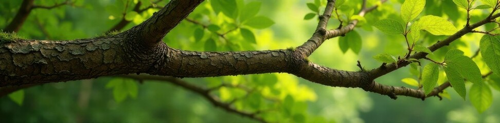 Fototapeta premium Mature beech branch, rich brown bark, lush foliage, forest, beech