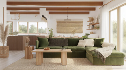 Cozy and elegant green living room design.